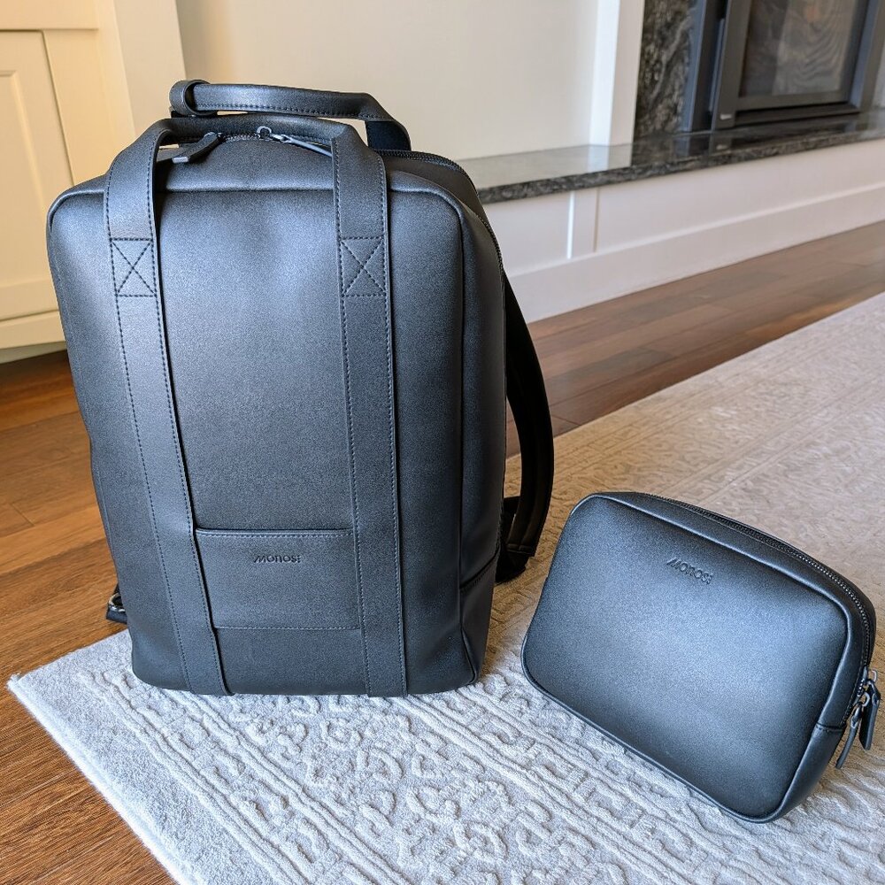 Monos Vegan Leather Backpack + Tech Folio Set | Like New | Retail $285